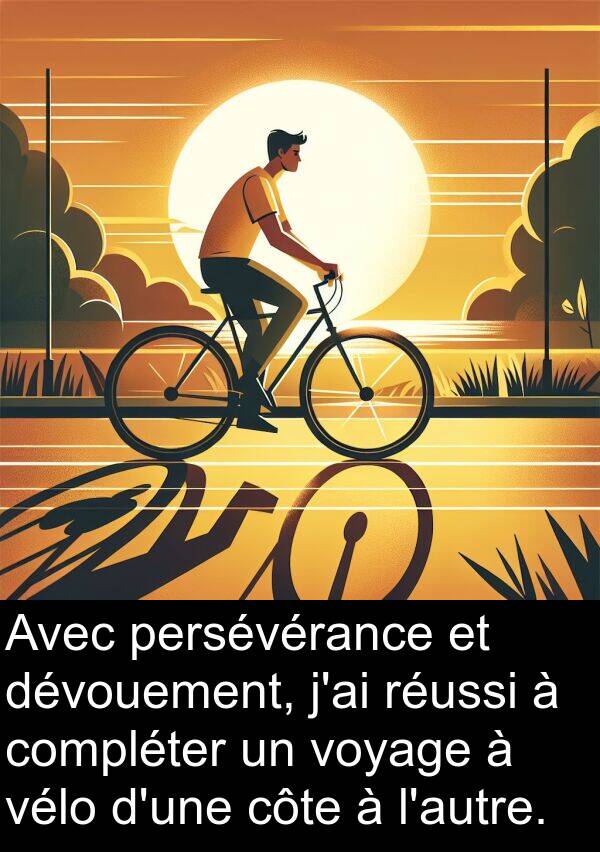 voyage: Avec persévérance et dévouement, j'ai réussi à compléter un voyage à vélo d'une côte à l'autre.