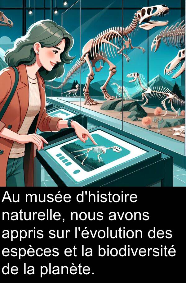 appris: Au musée d'histoire naturelle, nous avons appris sur l'évolution des espèces et la biodiversité de la planète.