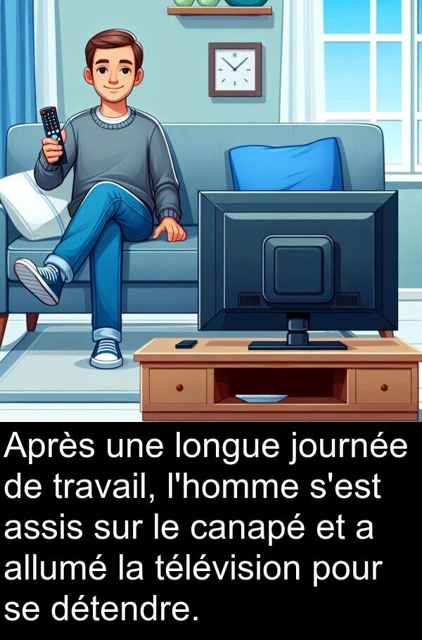 longue: Après une longue journée de travail, l'homme s'est assis sur le canapé et a allumé la télévision pour se détendre.