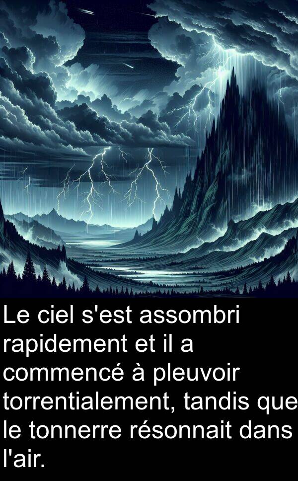 assombri: Le ciel s'est assombri rapidement et il a commencé à pleuvoir torrentialement, tandis que le tonnerre résonnait dans l'air.