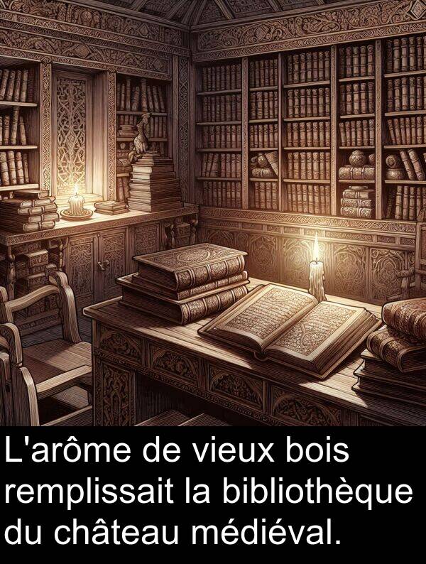 vieux: L'arôme de vieux bois remplissait la bibliothèque du château médiéval.