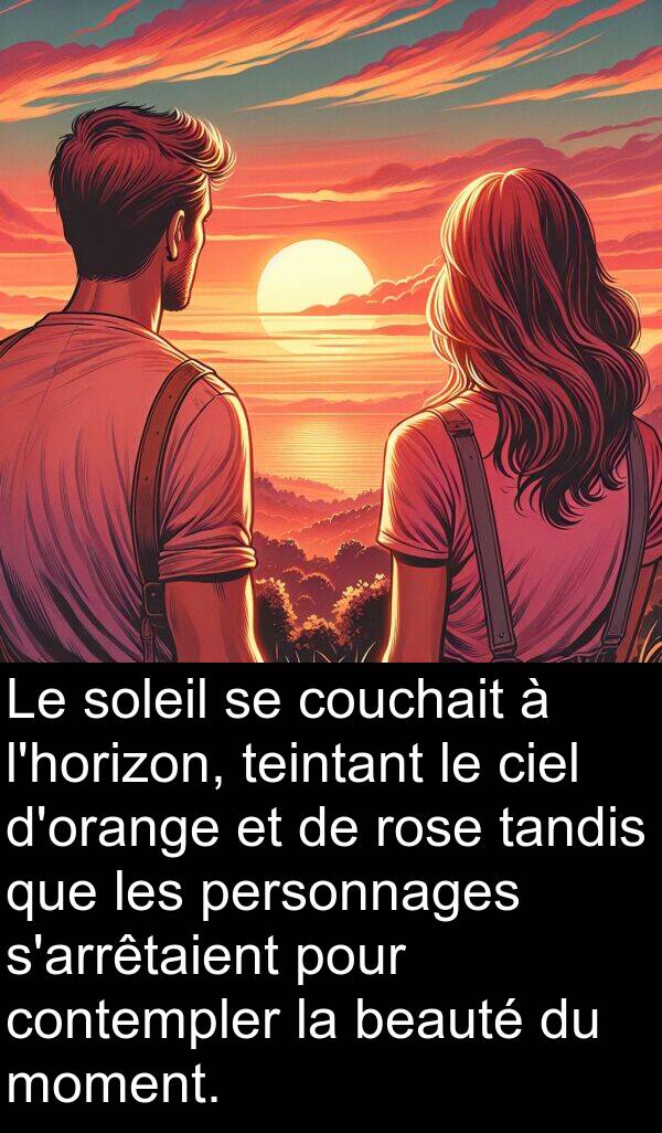 personnages: Le soleil se couchait à l'horizon, teintant le ciel d'orange et de rose tandis que les personnages s'arrêtaient pour contempler la beauté du moment.