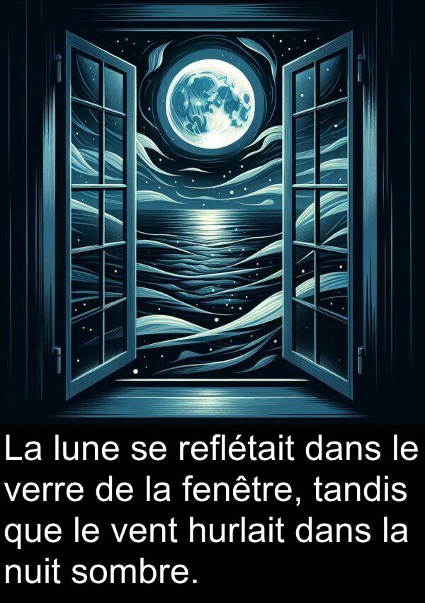 vent: La lune se reflétait dans le verre de la fenêtre, tandis que le vent hurlait dans la nuit sombre.