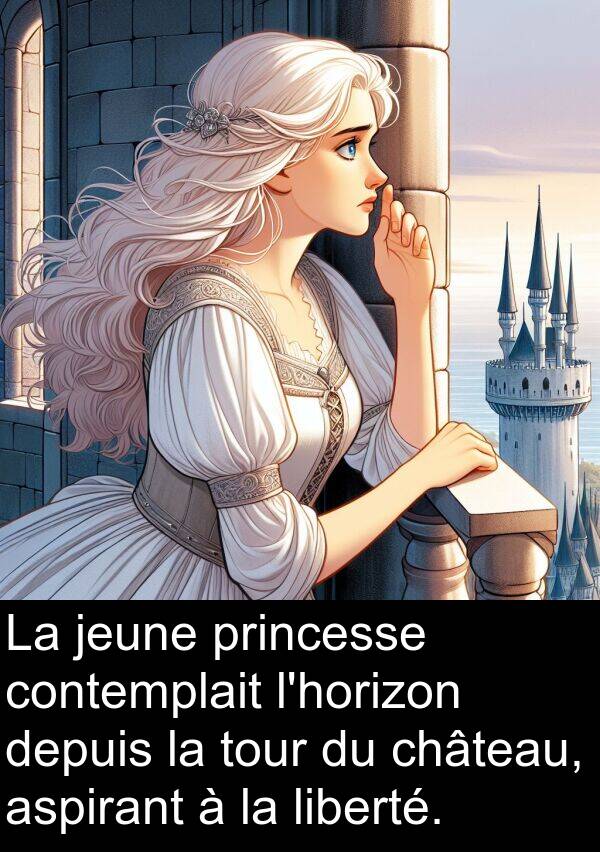 aspirant: La jeune princesse contemplait l'horizon depuis la tour du château, aspirant à la liberté.