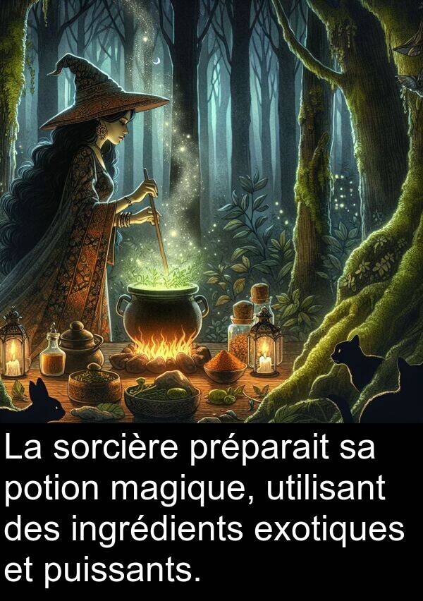 utilisant: La sorcière préparait sa potion magique, utilisant des ingrédients exotiques et puissants.