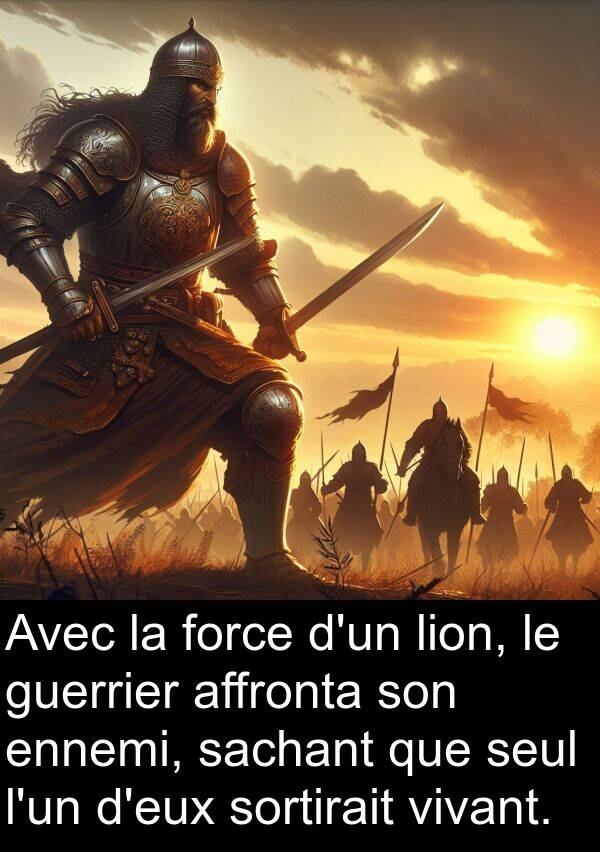 lion: Avec la force d'un lion, le guerrier affronta son ennemi, sachant que seul l'un d'eux sortirait vivant.