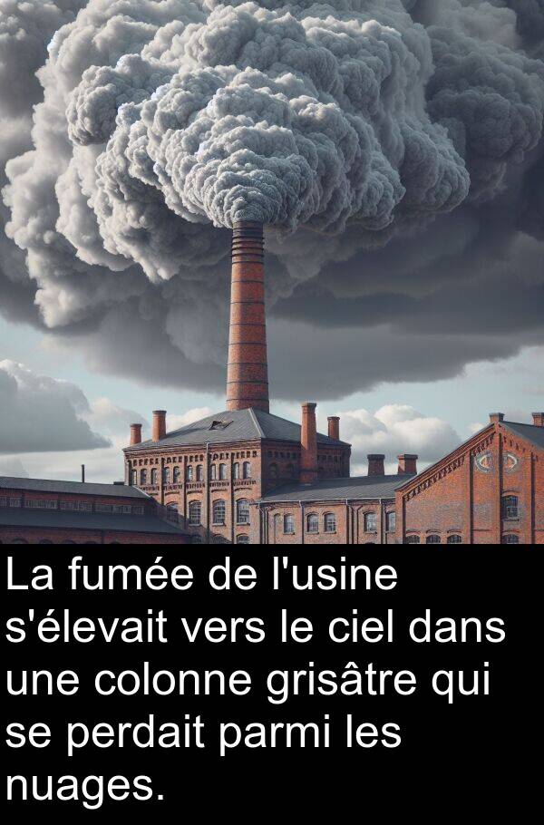 vers: La fumée de l'usine s'élevait vers le ciel dans une colonne grisâtre qui se perdait parmi les nuages.