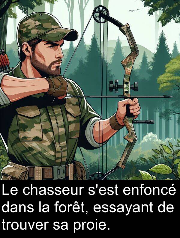 trouver: Le chasseur s'est enfoncé dans la forêt, essayant de trouver sa proie.