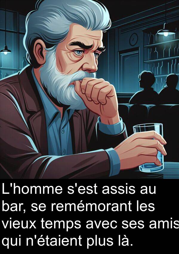 amis: L'homme s'est assis au bar, se remémorant les vieux temps avec ses amis qui n'étaient plus là.