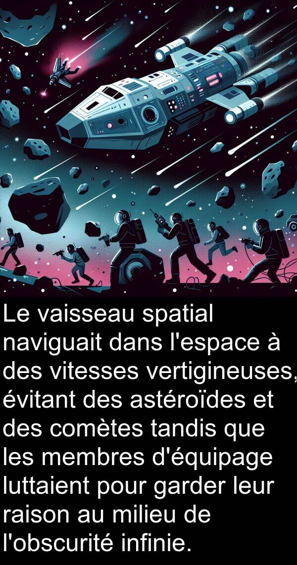 vitesses: Le vaisseau spatial naviguait dans l'espace à des vitesses vertigineuses, évitant des astéroïdes et des comètes tandis que les membres d'équipage luttaient pour garder leur raison au milieu de l'obscurité infinie.