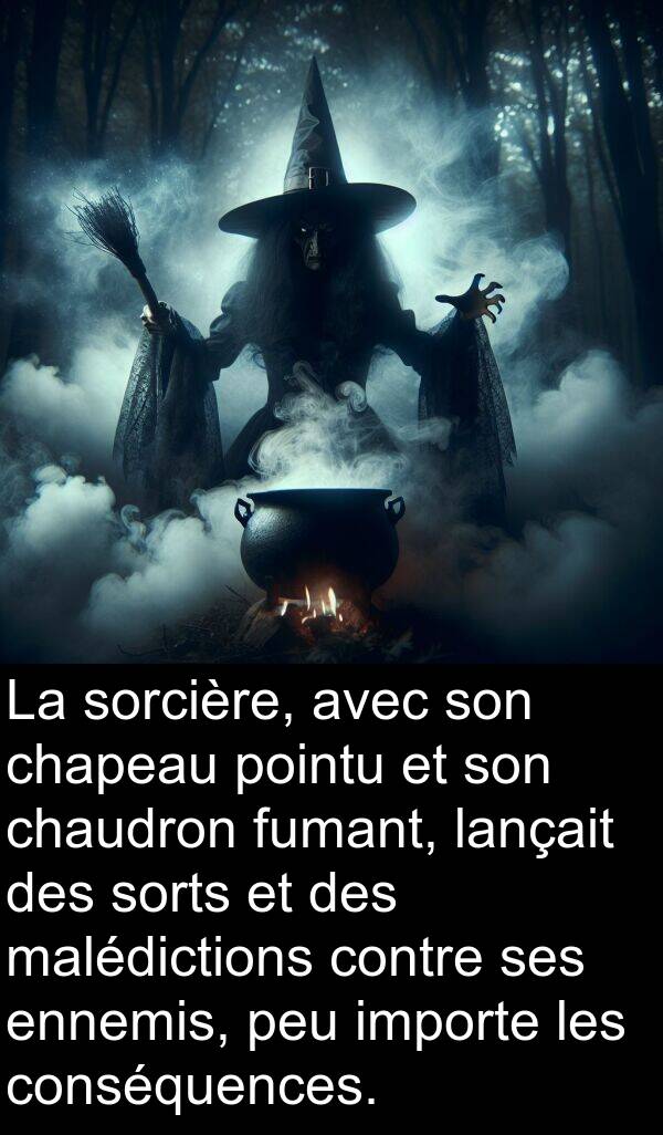 lançait: La sorcière, avec son chapeau pointu et son chaudron fumant, lançait des sorts et des malédictions contre ses ennemis, peu importe les conséquences.