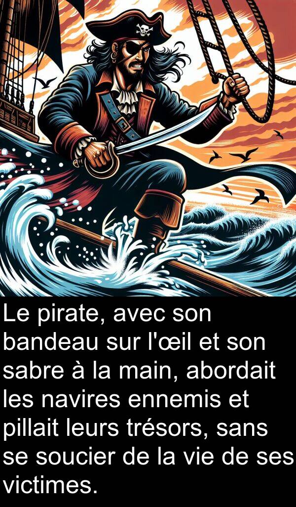 victimes: Le pirate, avec son bandeau sur l'œil et son sabre à la main, abordait les navires ennemis et pillait leurs trésors, sans se soucier de la vie de ses victimes.