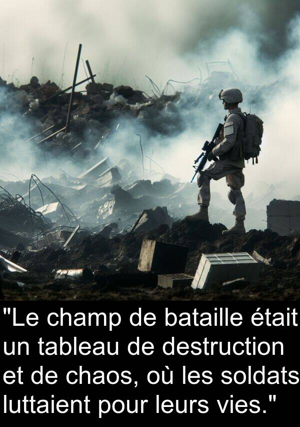 vies: "Le champ de bataille était un tableau de destruction et de chaos, où les soldats luttaient pour leurs vies."