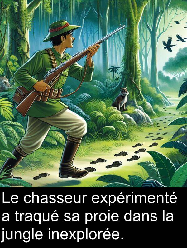 traqué: Le chasseur expérimenté a traqué sa proie dans la jungle inexplorée.