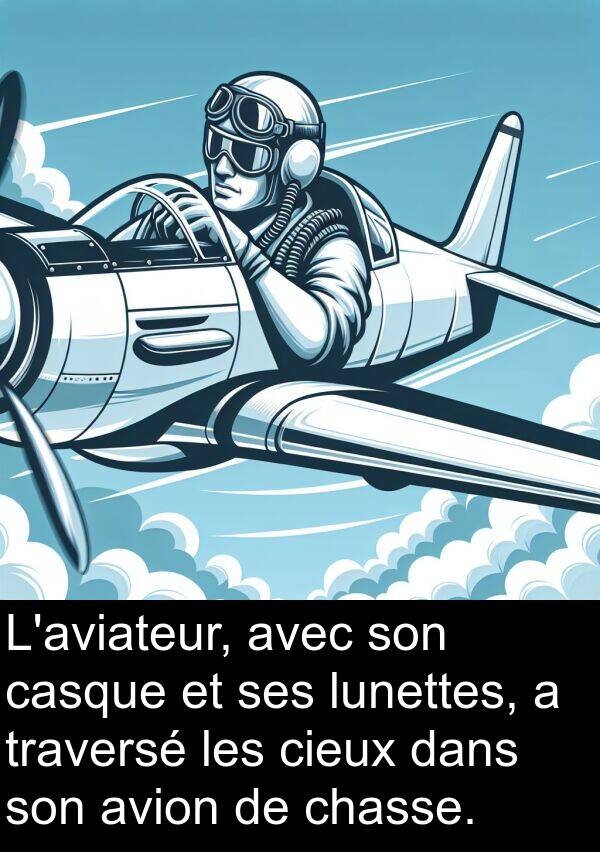 avion: L'aviateur, avec son casque et ses lunettes, a traversé les cieux dans son avion de chasse.