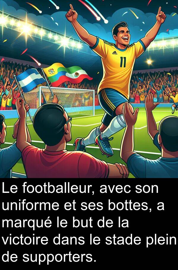 uniforme: Le footballeur, avec son uniforme et ses bottes, a marqué le but de la victoire dans le stade plein de supporters.