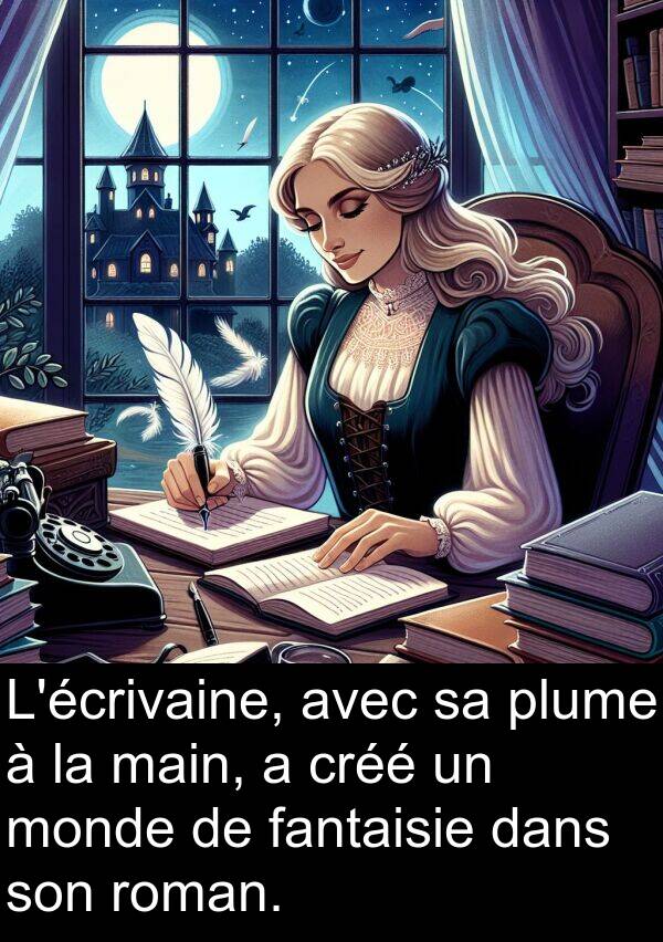 fantaisie: L'écrivaine, avec sa plume à la main, a créé un monde de fantaisie dans son roman.