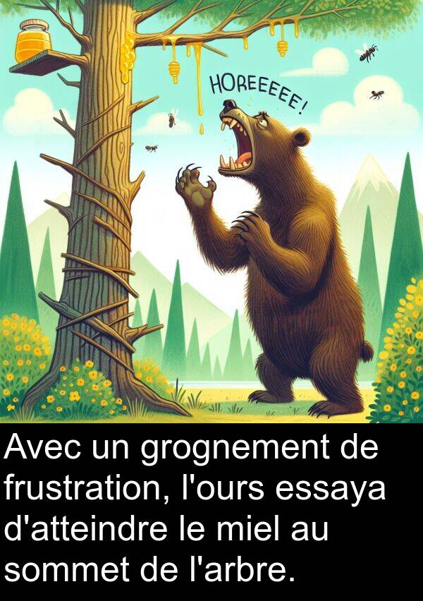 frustration: Avec un grognement de frustration, l'ours essaya d'atteindre le miel au sommet de l'arbre.