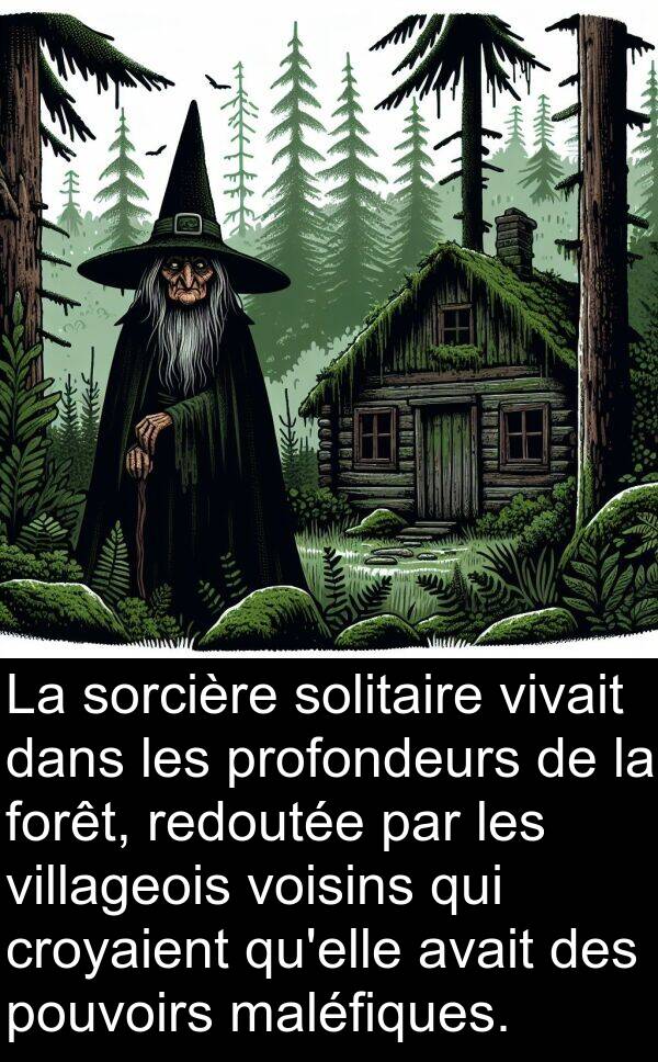 pouvoirs: La sorcière solitaire vivait dans les profondeurs de la forêt, redoutée par les villageois voisins qui croyaient qu'elle avait des pouvoirs maléfiques.