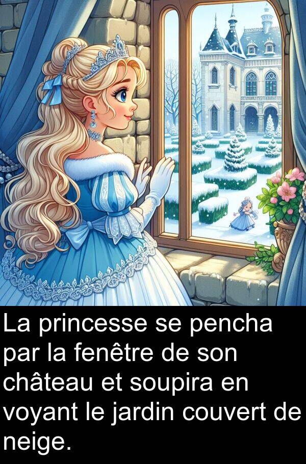 voyant: La princesse se pencha par la fenêtre de son château et soupira en voyant le jardin couvert de neige.