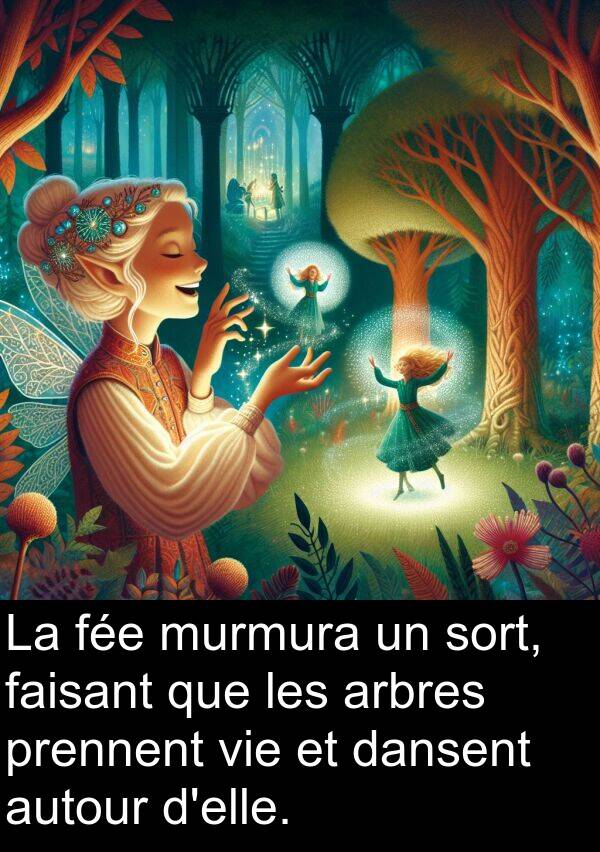 autour: La fée murmura un sort, faisant que les arbres prennent vie et dansent autour d'elle.