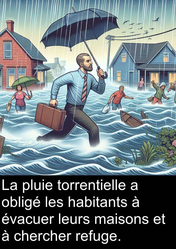 habitants: La pluie torrentielle a obligé les habitants à évacuer leurs maisons et à chercher refuge.