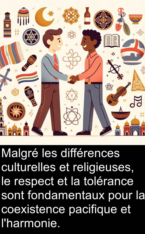 respect: Malgré les différences culturelles et religieuses, le respect et la tolérance sont fondamentaux pour la coexistence pacifique et l'harmonie.