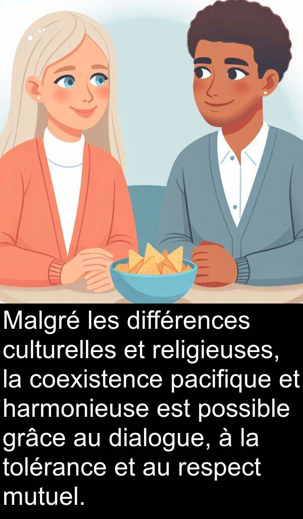 harmonieuse: Malgré les différences culturelles et religieuses, la coexistence pacifique et harmonieuse est possible grâce au dialogue, à la tolérance et au respect mutuel.