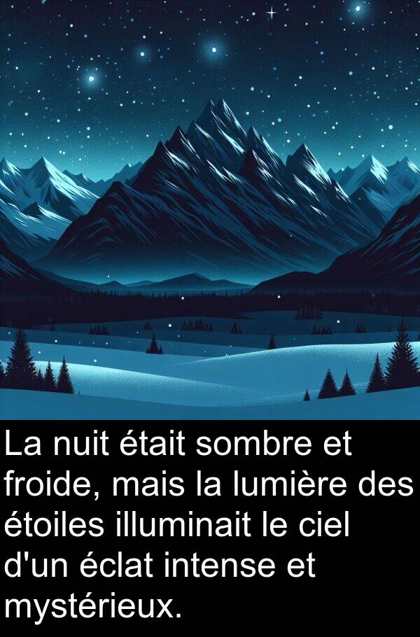 sombre: La nuit était sombre et froide, mais la lumière des étoiles illuminait le ciel d'un éclat intense et mystérieux.