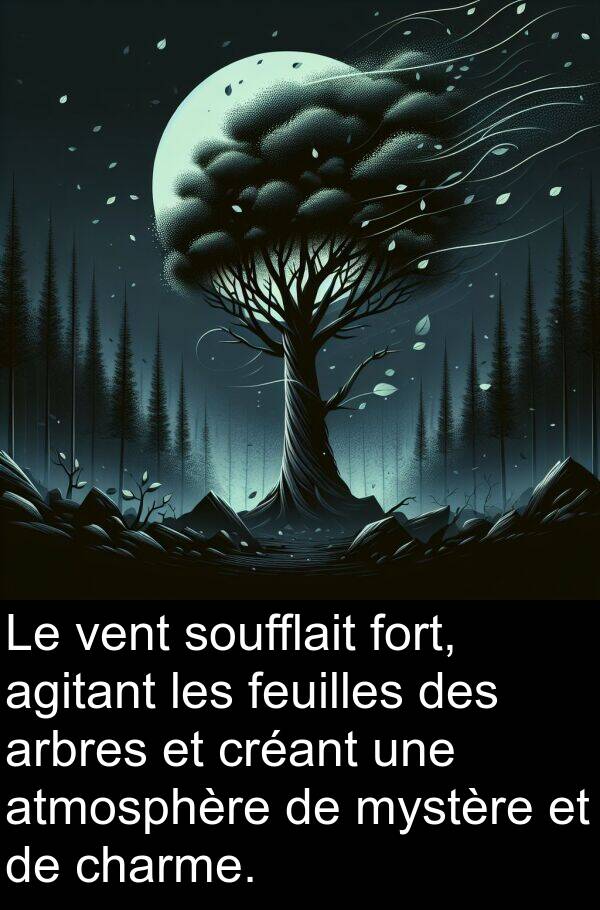 agitant: Le vent soufflait fort, agitant les feuilles des arbres et créant une atmosphère de mystère et de charme.