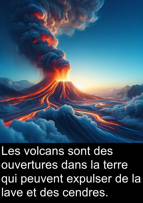 terre: Les volcans sont des ouvertures dans la terre qui peuvent expulser de la lave et des cendres.