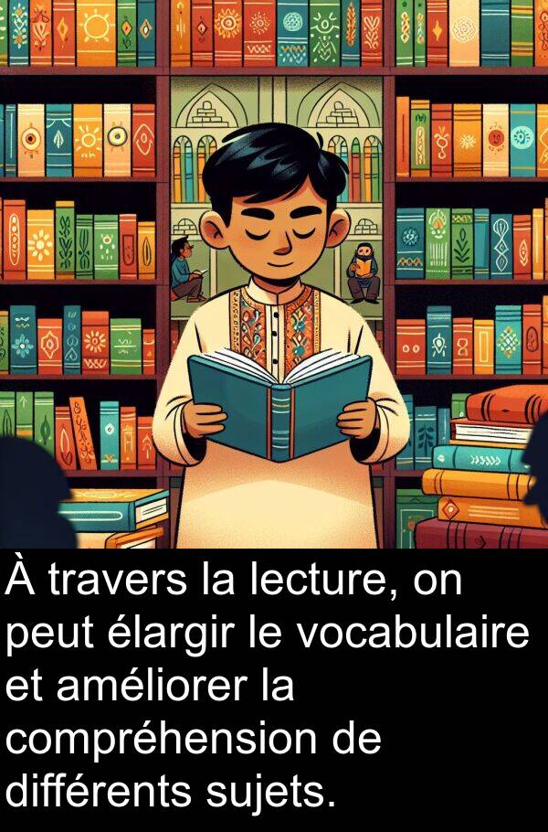 vocabulaire: À travers la lecture, on peut élargir le vocabulaire et améliorer la compréhension de différents sujets.