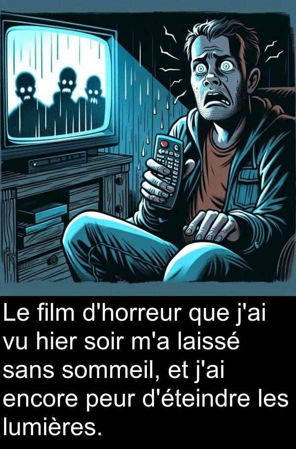 film: Le film d'horreur que j'ai vu hier soir m'a laissé sans sommeil, et j'ai encore peur d'éteindre les lumières.