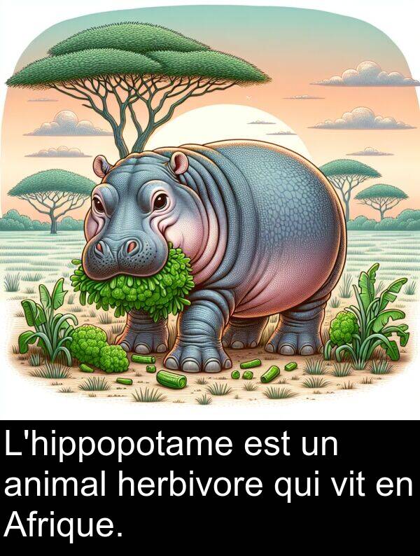 vit: L'hippopotame est un animal herbivore qui vit en Afrique.