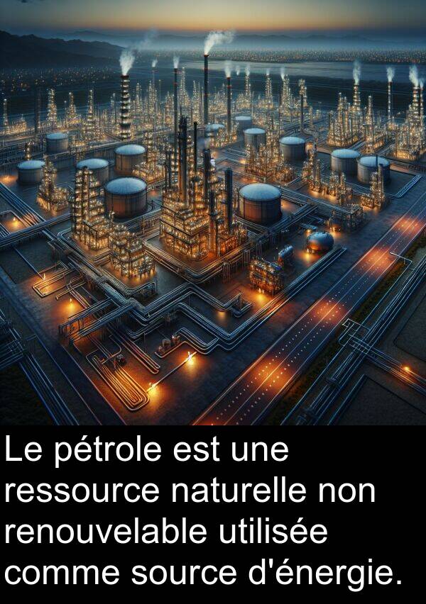 utilisée: Le pétrole est une ressource naturelle non renouvelable utilisée comme source d'énergie.