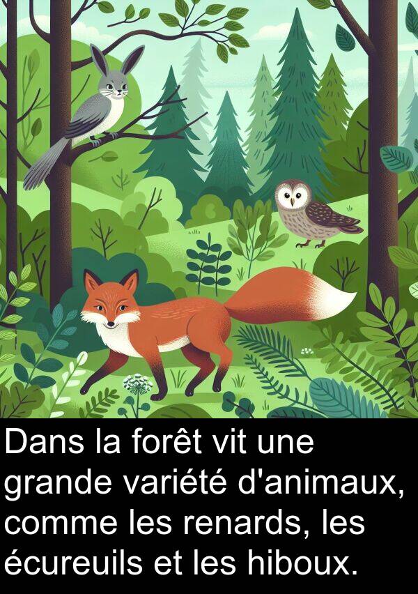 vit: Dans la forêt vit une grande variété d'animaux, comme les renards, les écureuils et les hiboux.