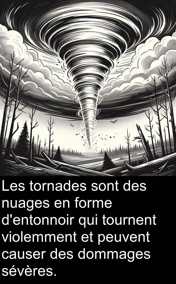 sévères: Les tornades sont des nuages en forme d'entonnoir qui tournent violemment et peuvent causer des dommages sévères.