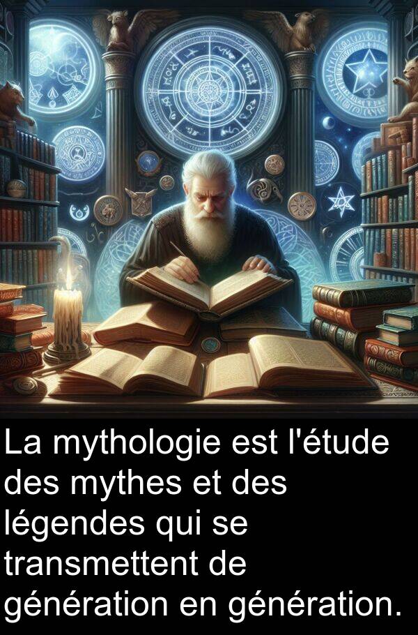 génération: La mythologie est l'étude des mythes et des légendes qui se transmettent de génération en génération.