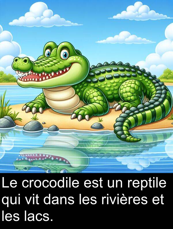 vit: Le crocodile est un reptile qui vit dans les rivières et les lacs.