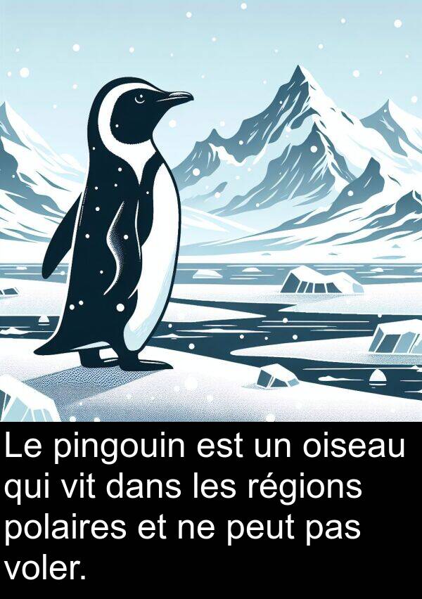 vit: Le pingouin est un oiseau qui vit dans les régions polaires et ne peut pas voler.