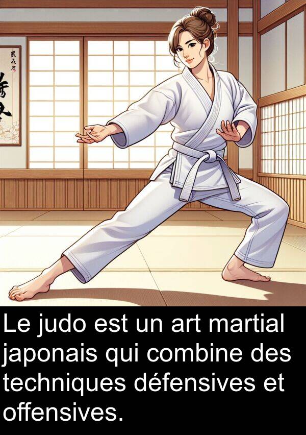 art: Le judo est un art martial japonais qui combine des techniques défensives et offensives.