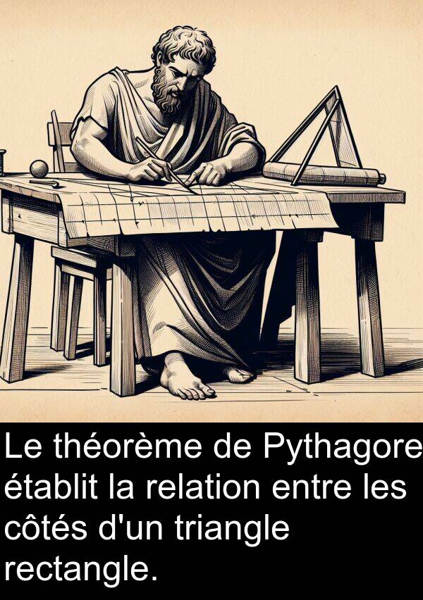 relation: Le théorème de Pythagore établit la relation entre les côtés d'un triangle rectangle.