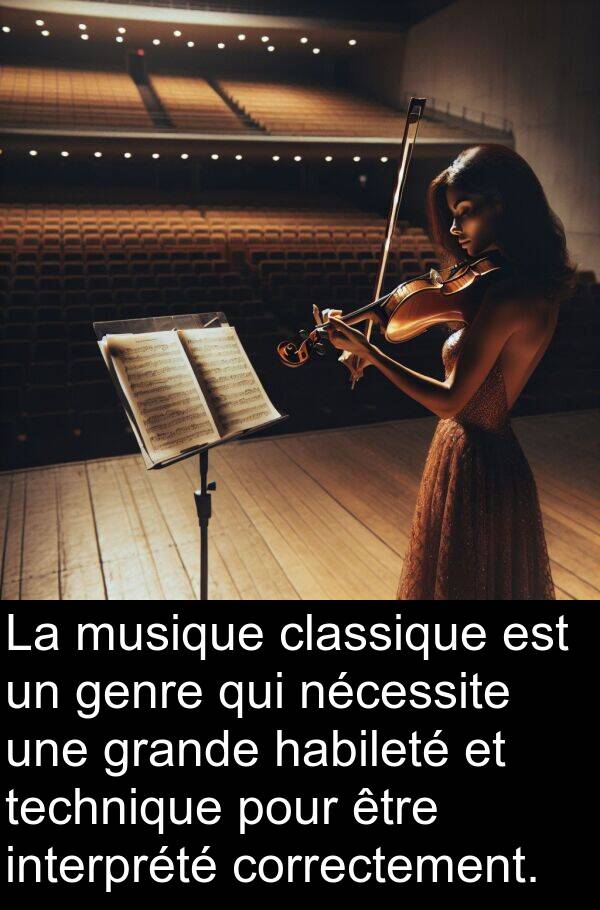 habileté: La musique classique est un genre qui nécessite une grande habileté et technique pour être interprété correctement.