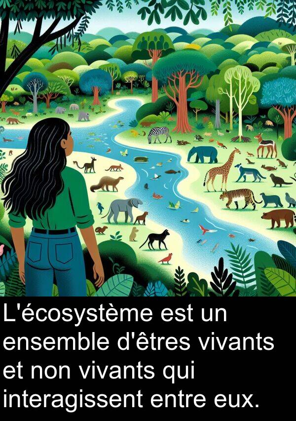 interagissent: L'écosystème est un ensemble d'êtres vivants et non vivants qui interagissent entre eux.