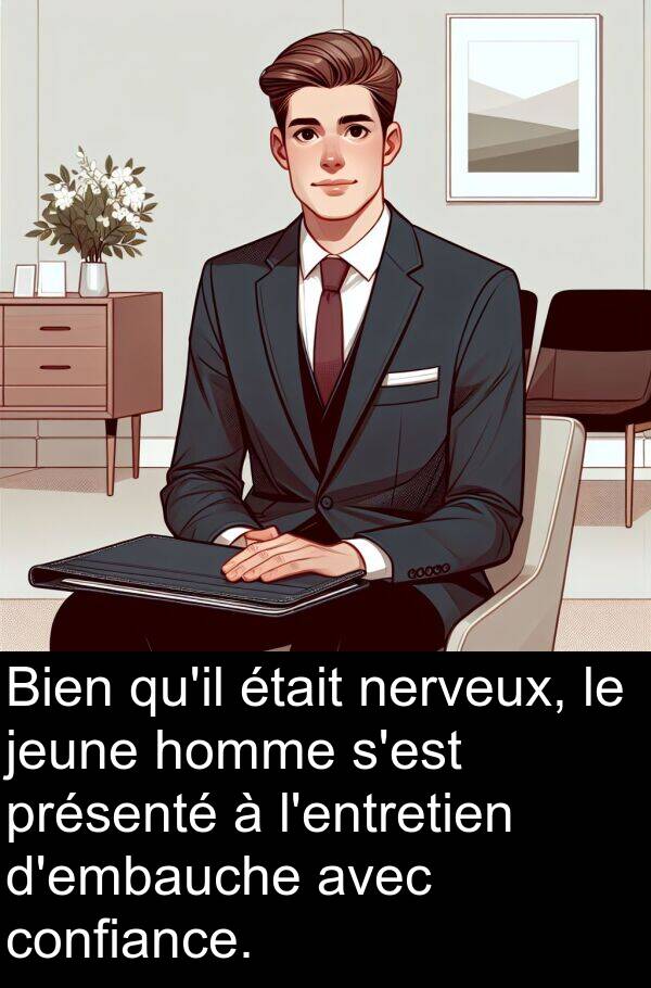 homme: Bien qu'il était nerveux, le jeune homme s'est présenté à l'entretien d'embauche avec confiance.