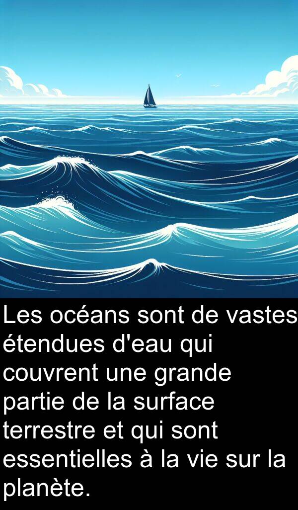 vastes: Les océans sont de vastes étendues d'eau qui couvrent une grande partie de la surface terrestre et qui sont essentielles à la vie sur la planète.