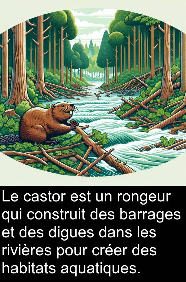 aquatiques: Le castor est un rongeur qui construit des barrages et des digues dans les rivières pour créer des habitats aquatiques.