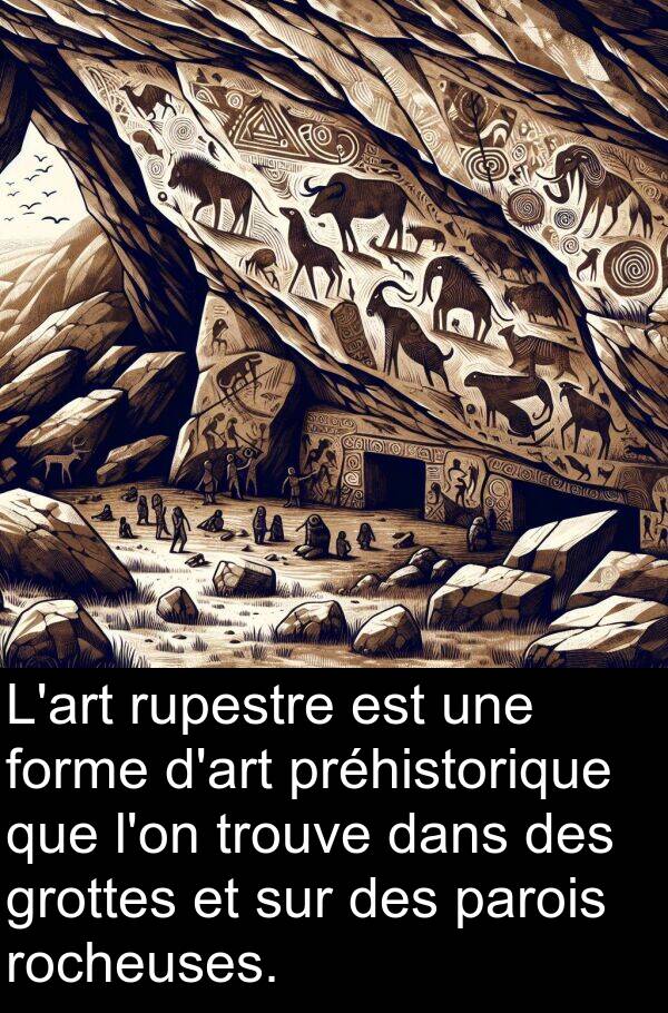 parois: L'art rupestre est une forme d'art préhistorique que l'on trouve dans des grottes et sur des parois rocheuses.