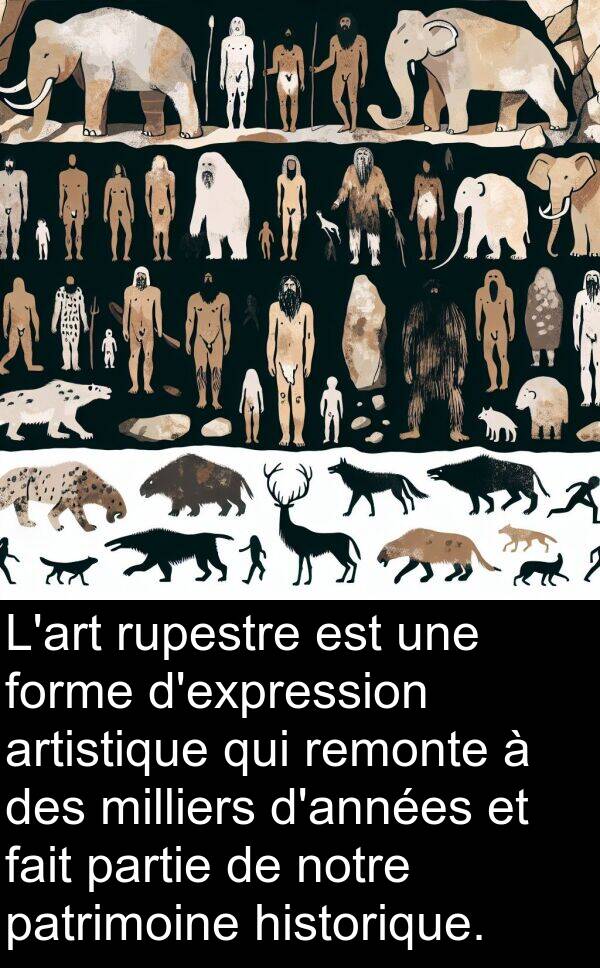 historique: L'art rupestre est une forme d'expression artistique qui remonte à des milliers d'années et fait partie de notre patrimoine historique.