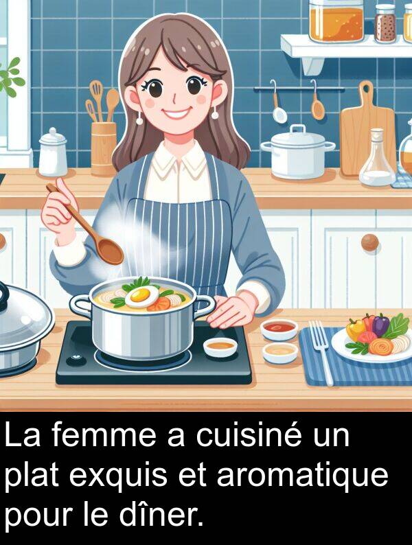 plat: La femme a cuisiné un plat exquis et aromatique pour le dîner.